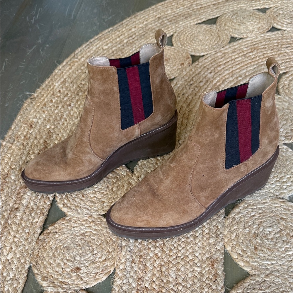Tan Suede Chelsea Wedge Boots with Black & Red Panels